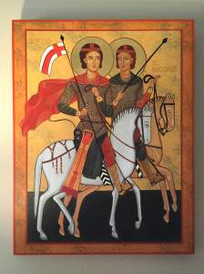 An icon of Saints Sergius and Bacchus, an example of a pair of same-sex friends venerated in the church. My friend Becca Chapman wrote this for me, and it hangs on my wall as encouragement.